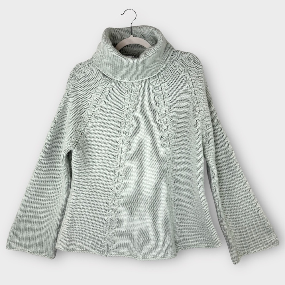 vintage Jillian Jones Light Sage Green Wool Turtleneck Sweater XL Cable Knit